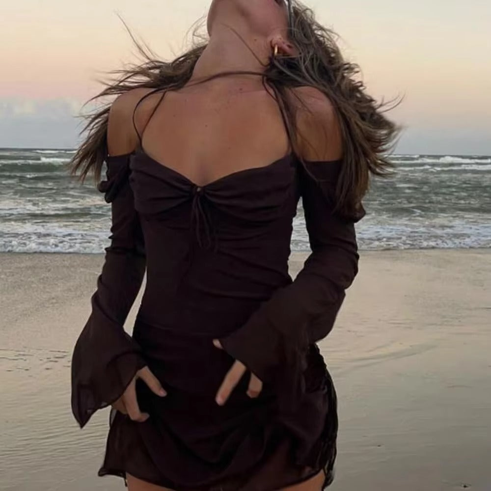 Women's Square Neck Mesh Flare Sleeve Dress