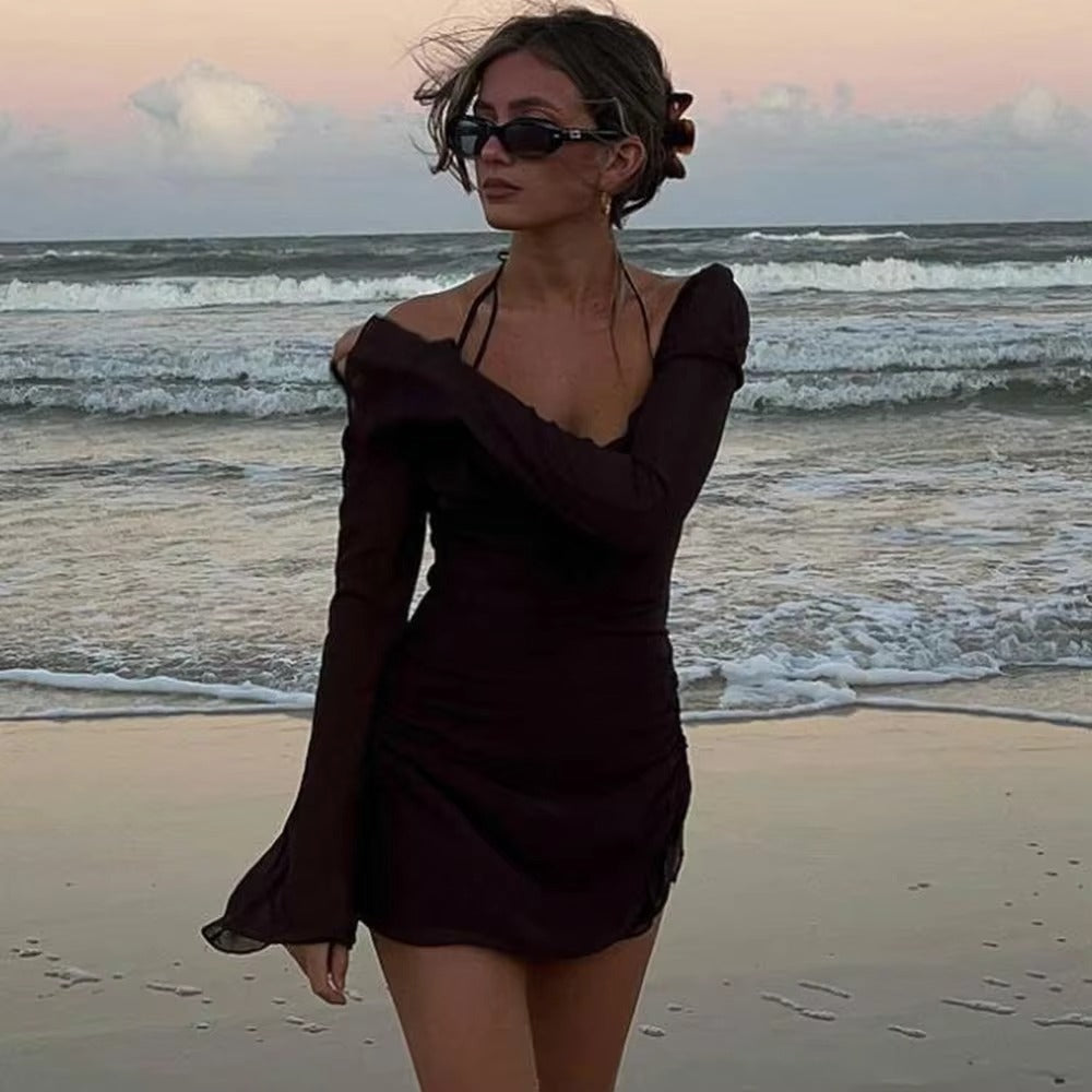 Women's Square Neck Mesh Flare Sleeve Dress