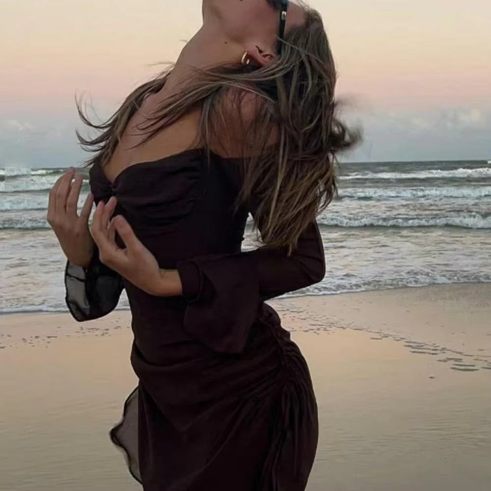 Women's Square Neck Mesh Flare Sleeve Dress